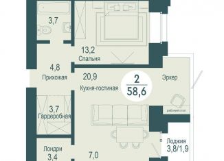 Продается 2-ком. квартира, 58.6 м2, Красноярск, ЖК Скандис озеро, улица Авиаторов, 34