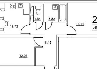 Продам 2-комнатную квартиру, 56.3 м2, Санкт-Петербург, Студенческая улица, 14к1, Студенческая улица