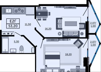 Продажа двухкомнатной квартиры, 53 м2, Ростов-на-Дону, проспект Космонавтов, 1В, ЖК Акватория