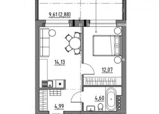 1-комнатная квартира на продажу, 39.3 м2, деревня Новолисиха