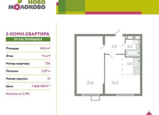 Продается двухкомнатная квартира, 48.6 м2, Московская область, жилой комплекс Ново-Молоково, 13