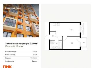 Продается 1-комнатная квартира, 32.9 м2, деревня Новое Девяткино, ЖК Заречный Парк