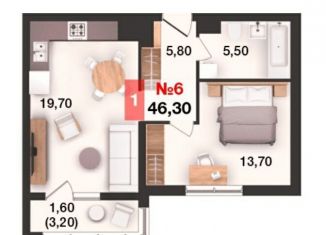 Продажа 1-комнатной квартиры, 46.3 м2, Калининград, Елизаветинская улица, 47А