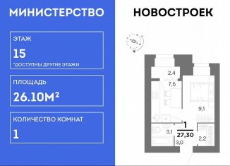 Продажа 1-комнатной квартиры, 26.1 м2, Рязань, Московский район