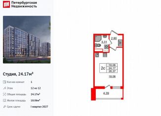 Продается квартира студия, 24.2 м2, Санкт-Петербург, метро Парнас