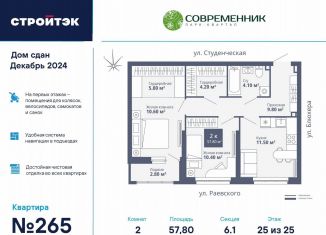 Продажа двухкомнатной квартиры, 58.1 м2, Екатеринбург, Кировский район, улица Блюхера, 40А