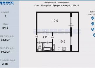 1-комнатная квартира на продажу, 38.6 м2, Санкт-Петербург, Бухарестская улица, 122к1, метро Проспект Славы