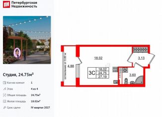 Продам квартиру студию, 24.8 м2, посёлок Шушары