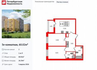 2-комнатная квартира на продажу, 60 м2, Санкт-Петербург, метро Озерки