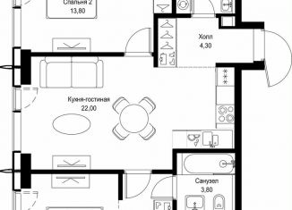 Продажа 2-комнатной квартиры, 61.9 м2, Москва, квартал Клифф 5, 1