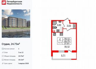 Квартира на продажу студия, 24.8 м2, Санкт-Петербург, муниципальный округ Невский