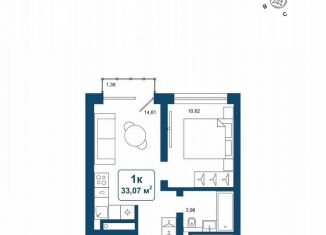 Продается 1-комнатная квартира, 33.1 м2, деревня Дударева, улица Сергея Джанбровского, 25