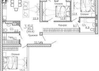 Трехкомнатная квартира на продажу, 99.8 м2, село Ямное, улица Атамана Чепега