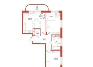 Продажа двухкомнатной квартиры, 66.4 м2, поселок Бугры, улица Шекспира, 3, ЖК Энфилд
