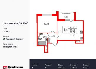 Продам 1-комнатную квартиру, 34.6 м2, Санкт-Петербург, метро Проспект Ветеранов
