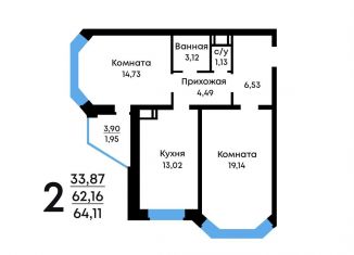 Двухкомнатная квартира на продажу, 64.1 м2, Воронеж, Острогожская улица, 168Р