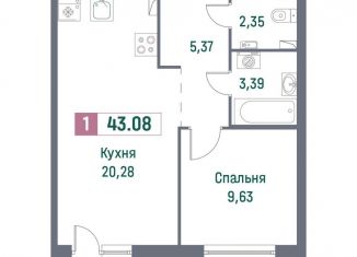 Продаю однокомнатную квартиру, 43.1 м2, Ленинградская область
