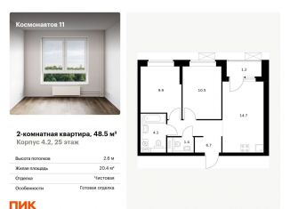 Продажа 2-комнатной квартиры, 48.5 м2, Екатеринбург, жилой комплекс Космонавтов 11, 4.2, Железнодорожный район