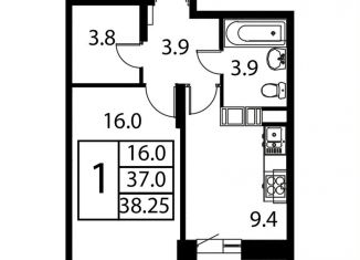 Продам 1-комнатную квартиру, 38.3 м2, Московская область