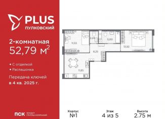 Продается 2-комнатная квартира, 52.8 м2, Санкт-Петербург, муниципальный округ Пулковский Меридиан