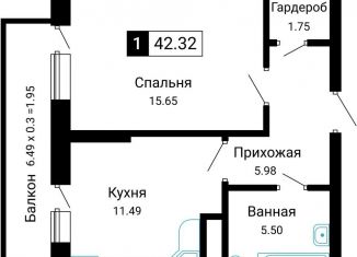 Продам однокомнатную квартиру, 42.4 м2, Краснодарский край