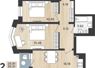 Продается двухкомнатная квартира, 56.7 м2, Калининград, Батальная улица, 104, ЖК Дом на Батальной