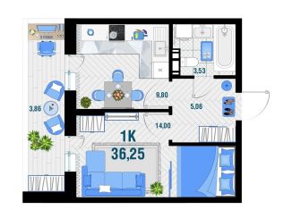 Продажа 1-комнатной квартиры, 36.3 м2, Яблоновское городское поселение