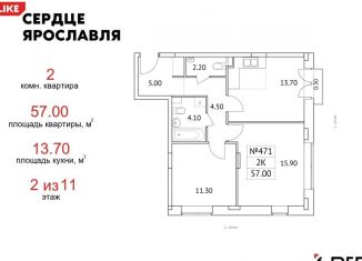 Продам 2-комнатную квартиру, 57 м2, Ярославль, ЖК Сердце Ярославля