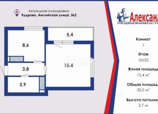 Продаю однокомнатную квартиру, 32 м2, Ленинградская область, Английская улица, 3к2