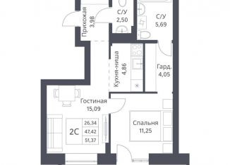 Продается 2-ком. квартира, 51.4 м2, Новосибирская область