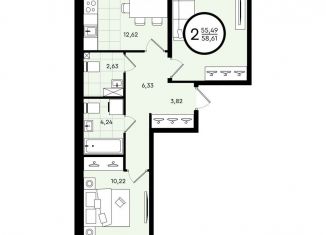 2-комнатная квартира на продажу, 58.6 м2, Тюмень
