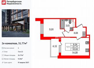 Продам однокомнатную квартиру, 31.8 м2, Санкт-Петербург, муниципальный округ Звёздное