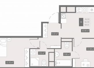 2-ком. квартира на продажу, 58.2 м2, посёлок Шушары
