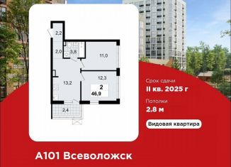 Продам 2-ком. квартиру, 46.9 м2, Ленинградская область, ЖК А101 Всеволожск, 3.3
