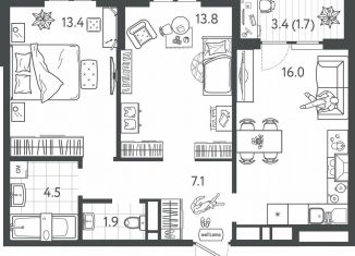 Продам 2-ком. квартиру, 58.4 м2, Краснодар, Колхозная улица, 5/1, микрорайон Табачная Фабрика