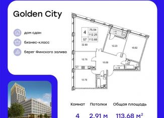 4-комнатная квартира на продажу, 113.7 м2, Санкт-Петербург, улица Челюскина, 8, ЖК Голден Сити