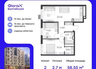 2-ком. квартира на продажу, 58.6 м2, Санкт-Петербург, улица Шкапина, 43-45Н, муниципальный округ Екатерингофский