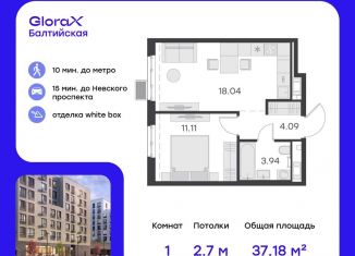 1-комнатная квартира на продажу, 37.2 м2, Санкт-Петербург, улица Шкапина, 43-45Н, метро Нарвская