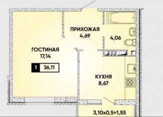 Сдаю в аренду однокомнатную квартиру, 37.6 м2, Краснодар, микрорайон Губернский, улица имени Героя Георгия Бочарникова, 12/1