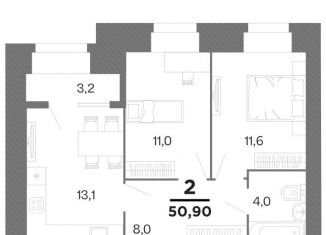 2-комнатная квартира на продажу, 50.9 м2, Рязань
