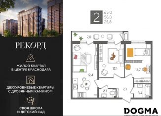 Двухкомнатная квартира на продажу, 65 м2, Краснодар, микрорайон Черемушки