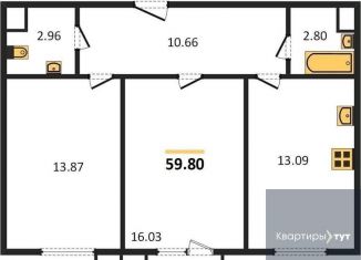 Двухкомнатная квартира на продажу, 59.8 м2, Воронежская область, Кленовая улица, 1