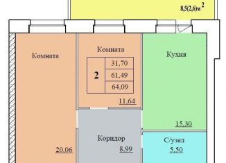2-комнатная квартира на продажу, 64.1 м2, Ярославль, Ленинский район