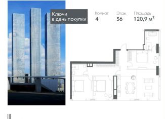 4-комнатная квартира на продажу, 120.9 м2, Москва, Краснопресненская набережная, 14Ак2, ЖК Кэпитал Тауэрс