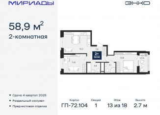 2-комнатная квартира на продажу, 58.9 м2, Тюменская область