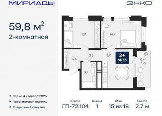 2-комнатная квартира на продажу, 59.8 м2, Тюменская область