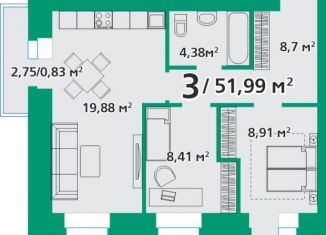 Продается 3-ком. квартира, 52 м2, посёлок городского типа Берёзовка