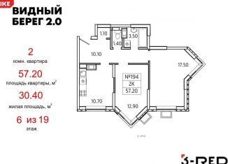 Продажа 2-комнатной квартиры, 57.2 м2, деревня Сапроново, ЖК Видный Берег 2