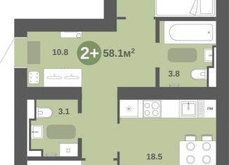 Двухкомнатная квартира на продажу, 58.1 м2, деревня Хохряки, Никитинская улица, 6