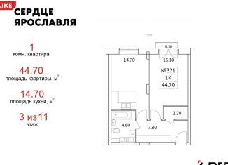 1-комнатная квартира на продажу, 44.7 м2, Ярославль, ЖК Сердце Ярославля